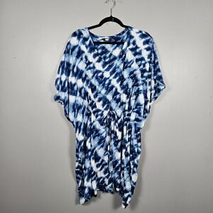 Lands' End Women XL Kaftan Swim Cover Up Modal V Neck Drawstring Blue White